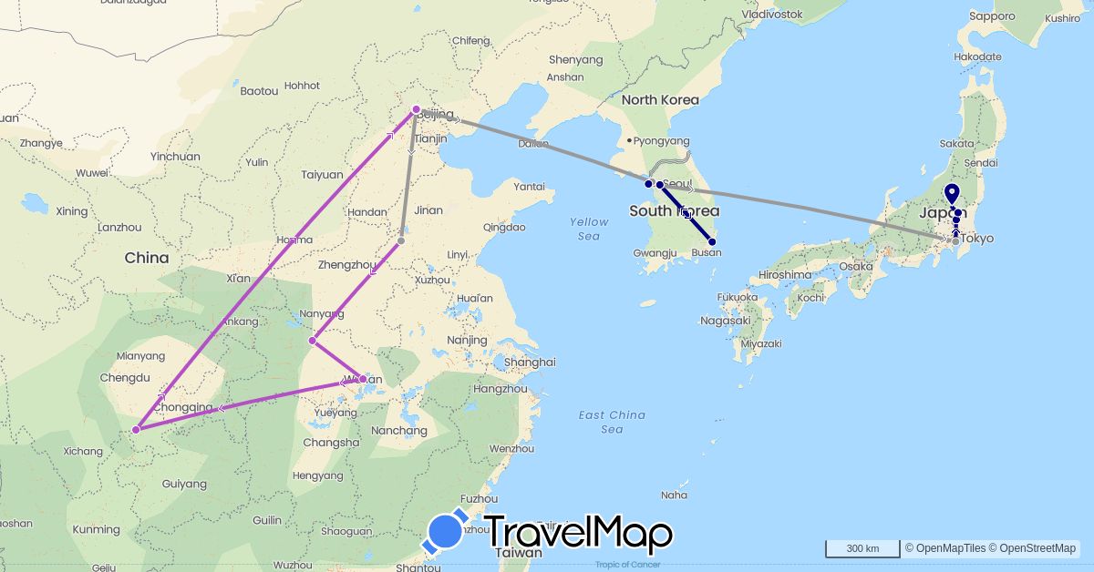 TravelMap itinerary: driving, plane, train in China, Japan, South Korea (Asia)
